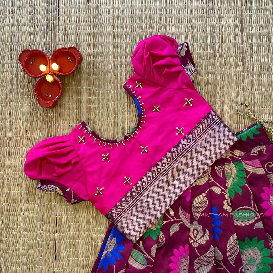 Pink Top and Wine Color Floral Skirt Semi Silk Paavadai Sattai