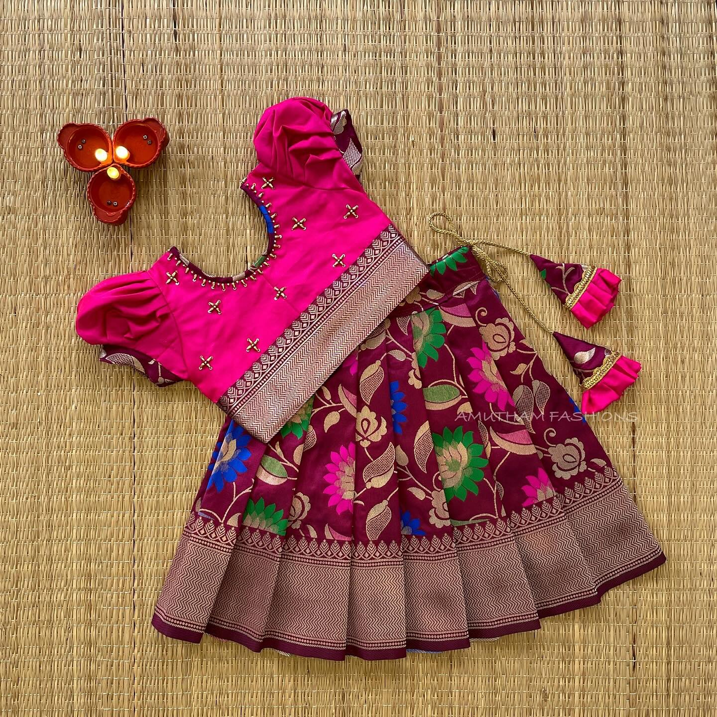Pink Top and Wine Color Floral Skirt Semi Silk Paavadai Sattai