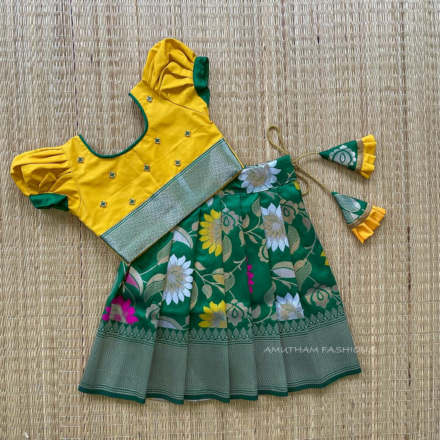 Green and Yellow Semi Silk Paavadai Sattai