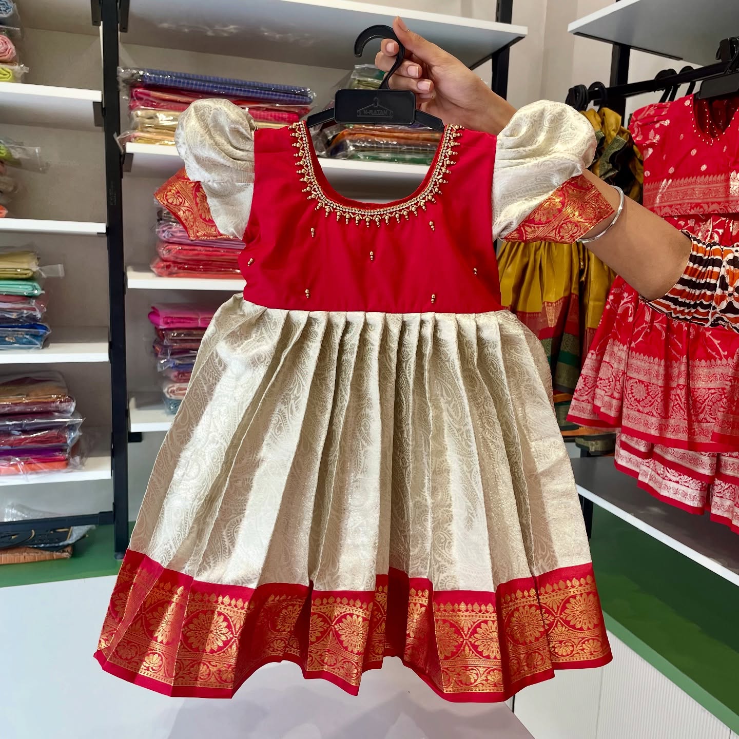 White and Red - Traditional Premium Semi Kanchipattu Frock
