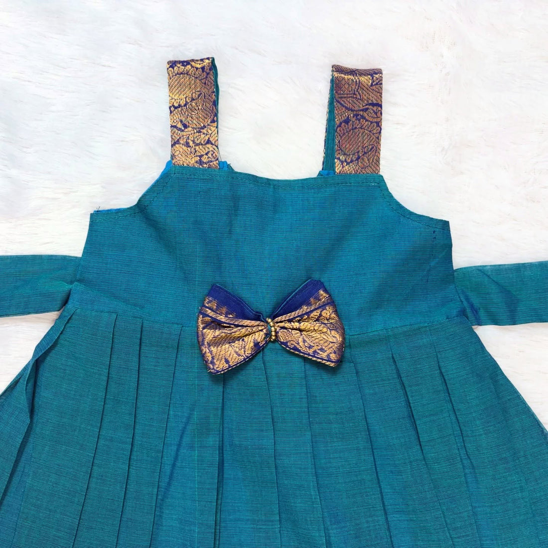 Ramar Blue with Navy Blue - Traditional Kanchi Cotton Kids Ethnic Midi Length Frock