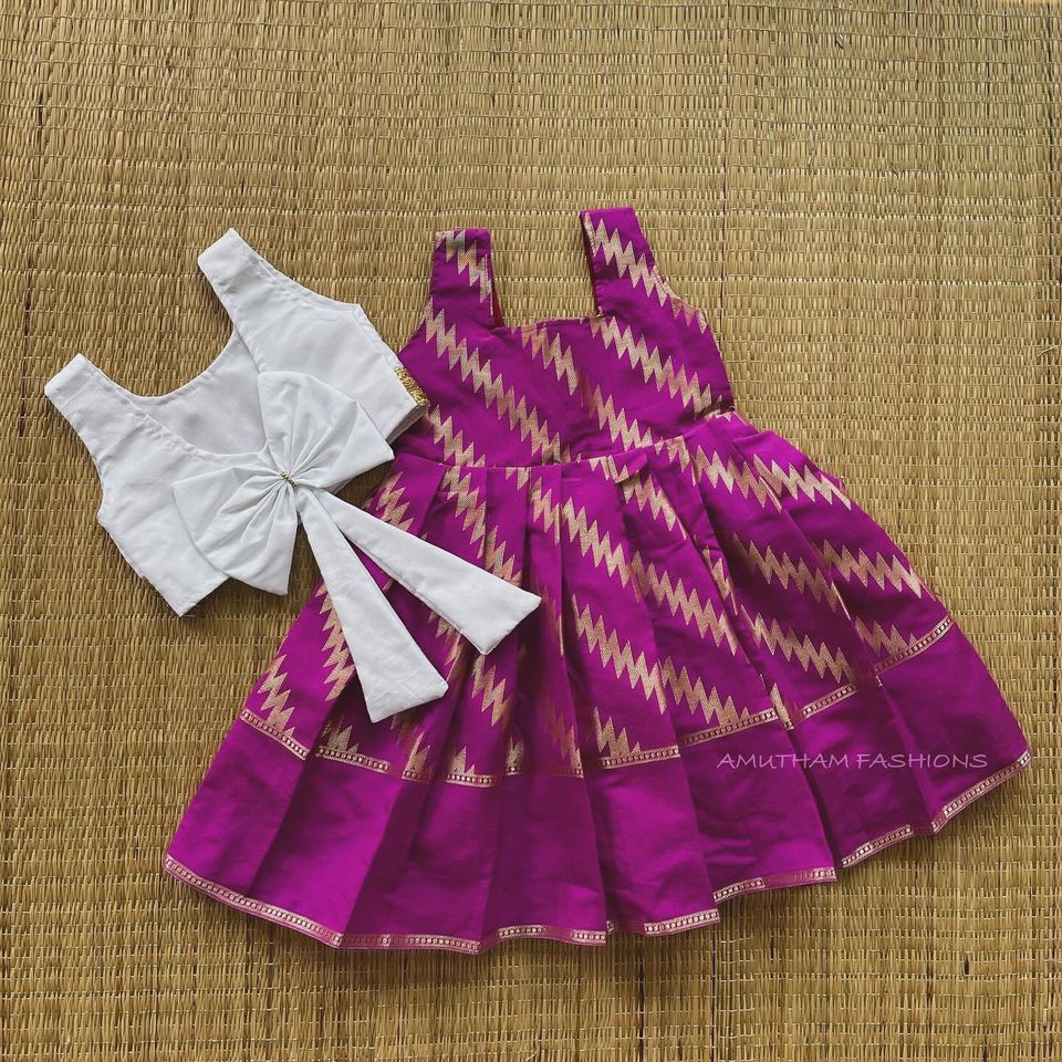 Magenta Frock and White Top Semi Silk Paavadai Sattai