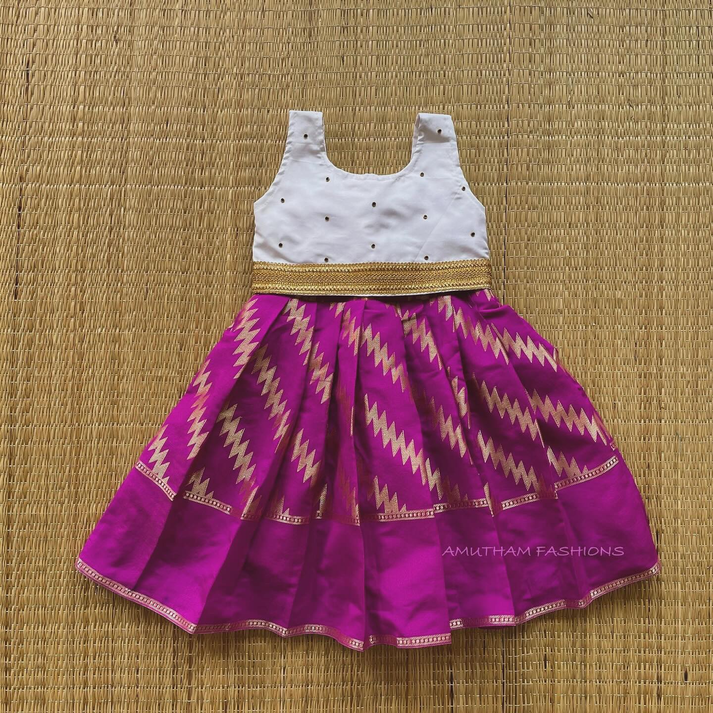 Magenta Frock and White Top Semi Silk Paavadai Sattai