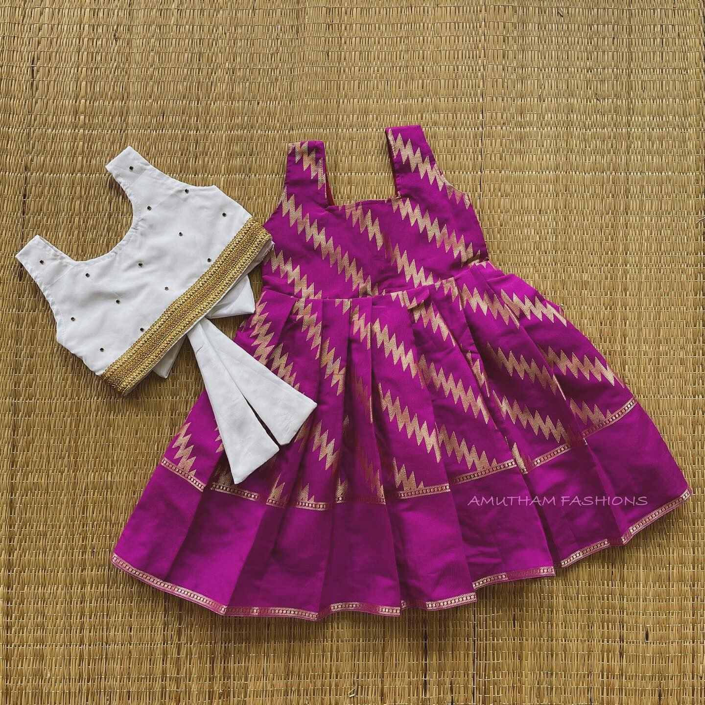 Magenta Frock and White Top Semi Silk Paavadai Sattai