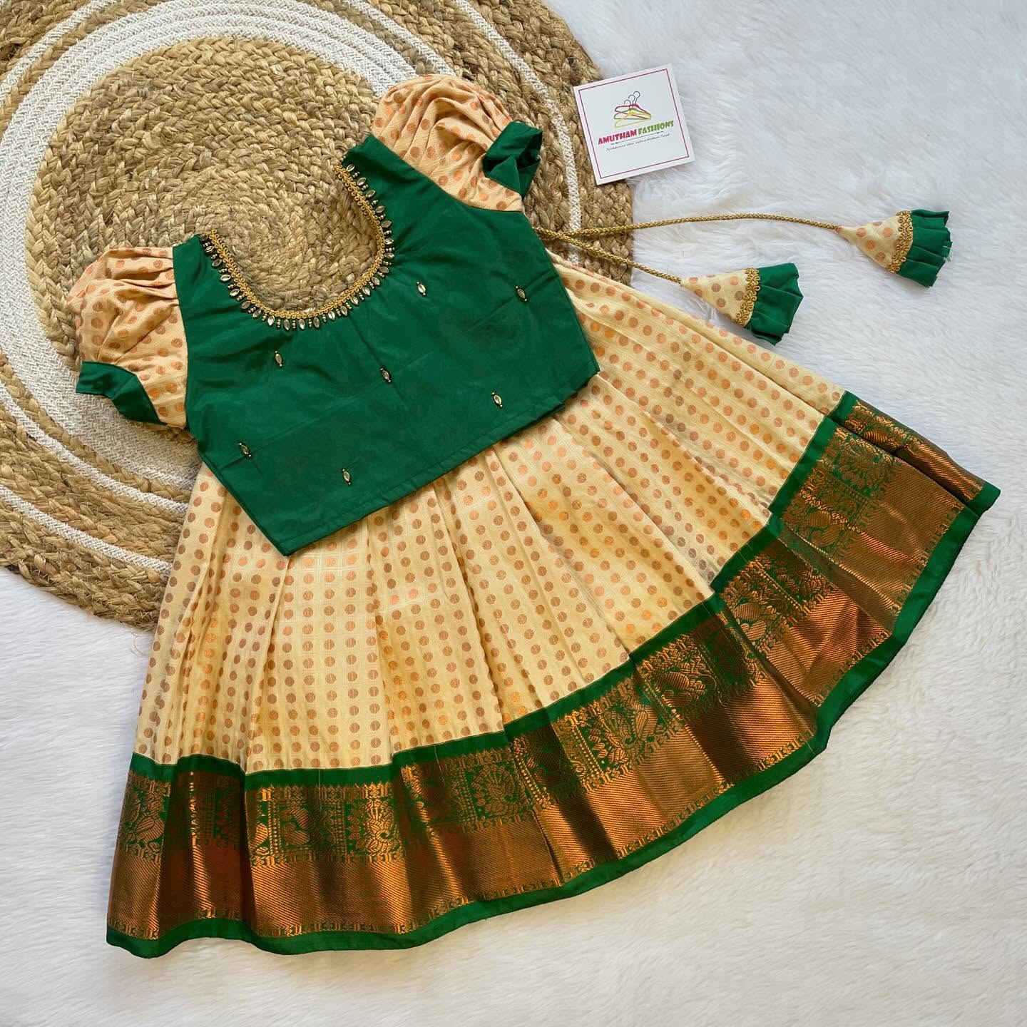 Cream and Green Silk Paavadai Satti
