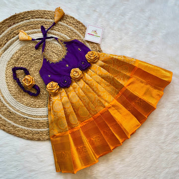 Voilet and Yellow Premium Kanchipattu Frock