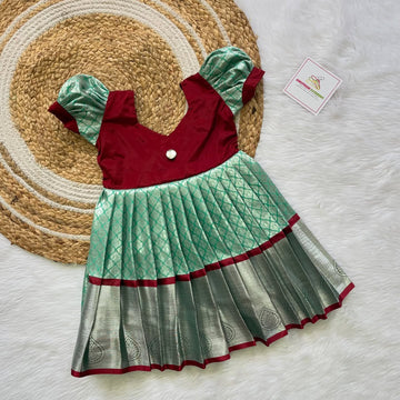 Pastel Green and Maroon Silk Frock