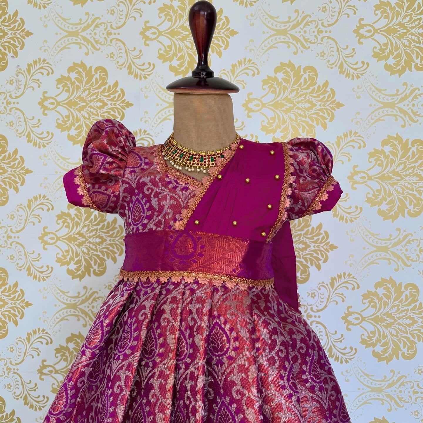 Maharani Premium Kanchivaram Frock with detached Duppata – Dark Magenta Color