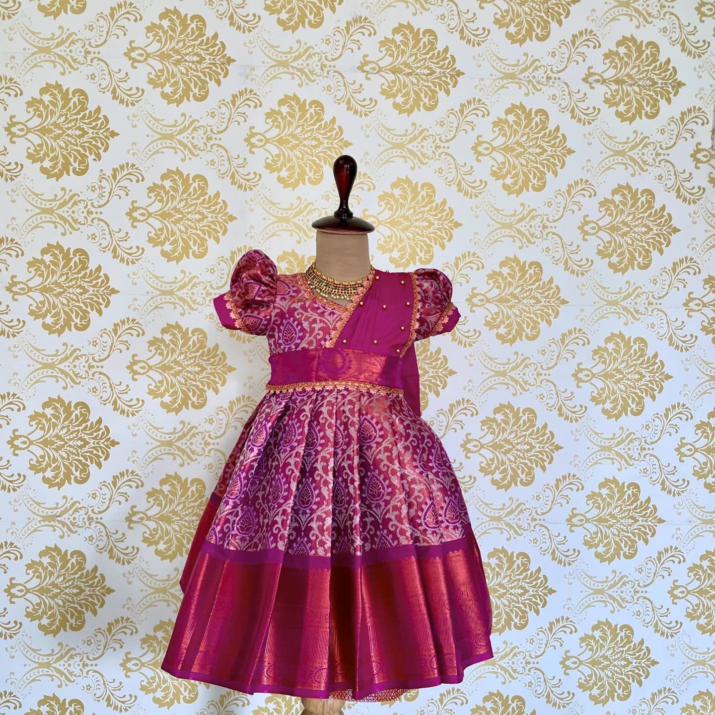 Maharani Premium Kanchivaram Frock with detached Duppata – Dark Magenta Color