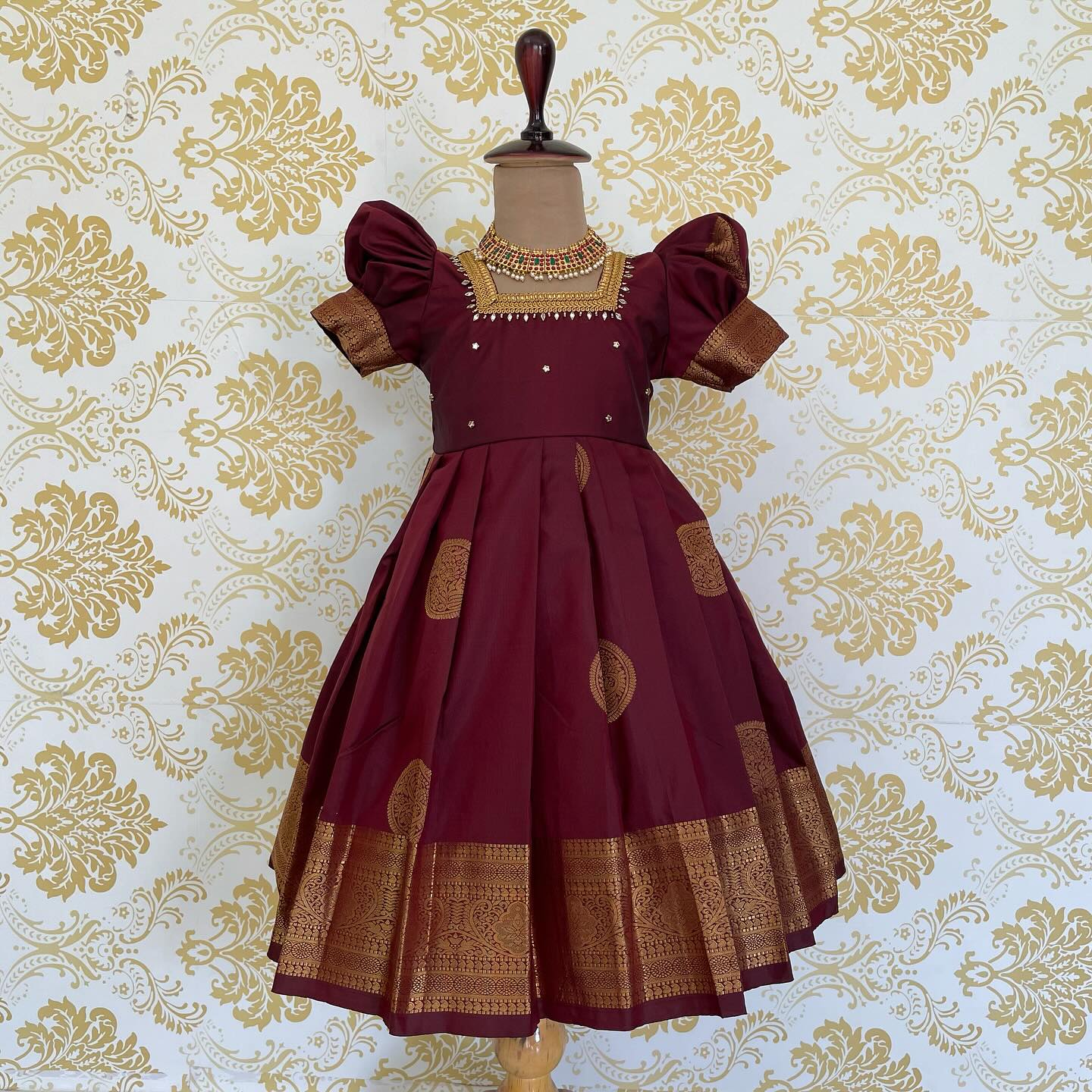 Traditional & Rich Mugavai Silk Frock with Golden Tissue Silk detached Duppata-Dark Maroon