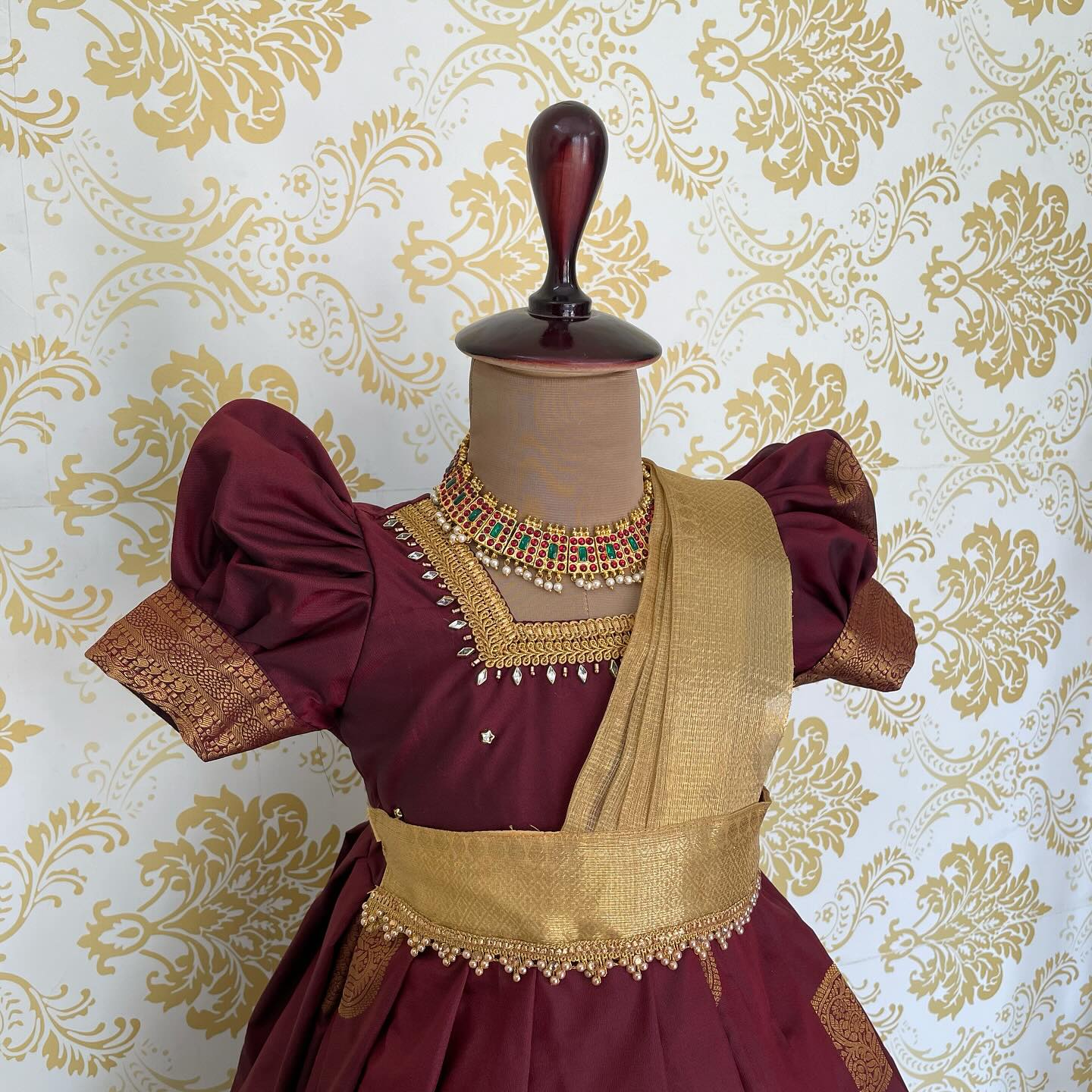 Traditional & Rich Mugavai Silk Frock with Golden Tissue Silk detached Duppata-Dark Maroon