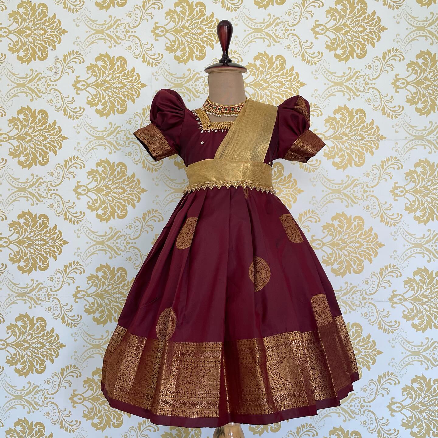 Traditional & Rich Mugavai Silk Frock with Golden Tissue Silk detached Duppata-Dark Maroon