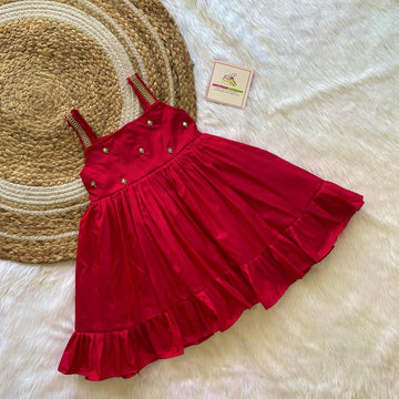 Red Silk Frock with Strap Sleeves - Midi Length