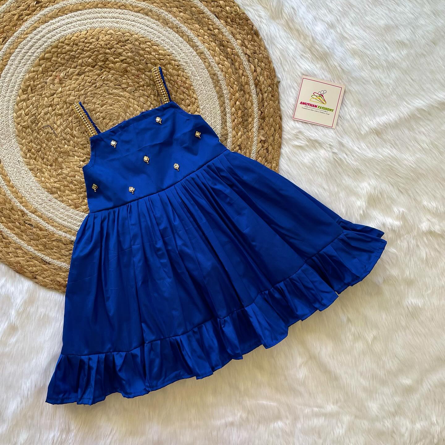 Ink Blue Silk Frock with Strap Sleeves - Midi Length