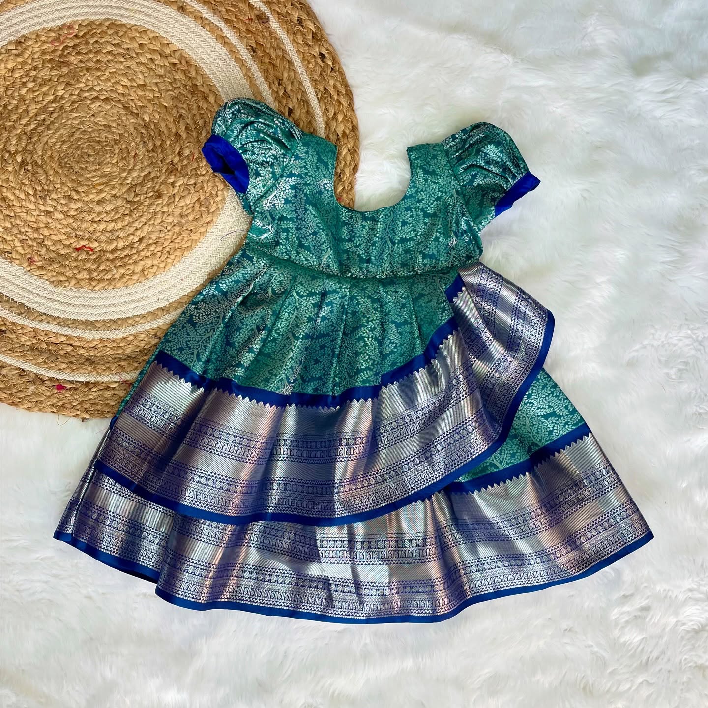 Light Blue and Dark Blue Kanchipattu Frock