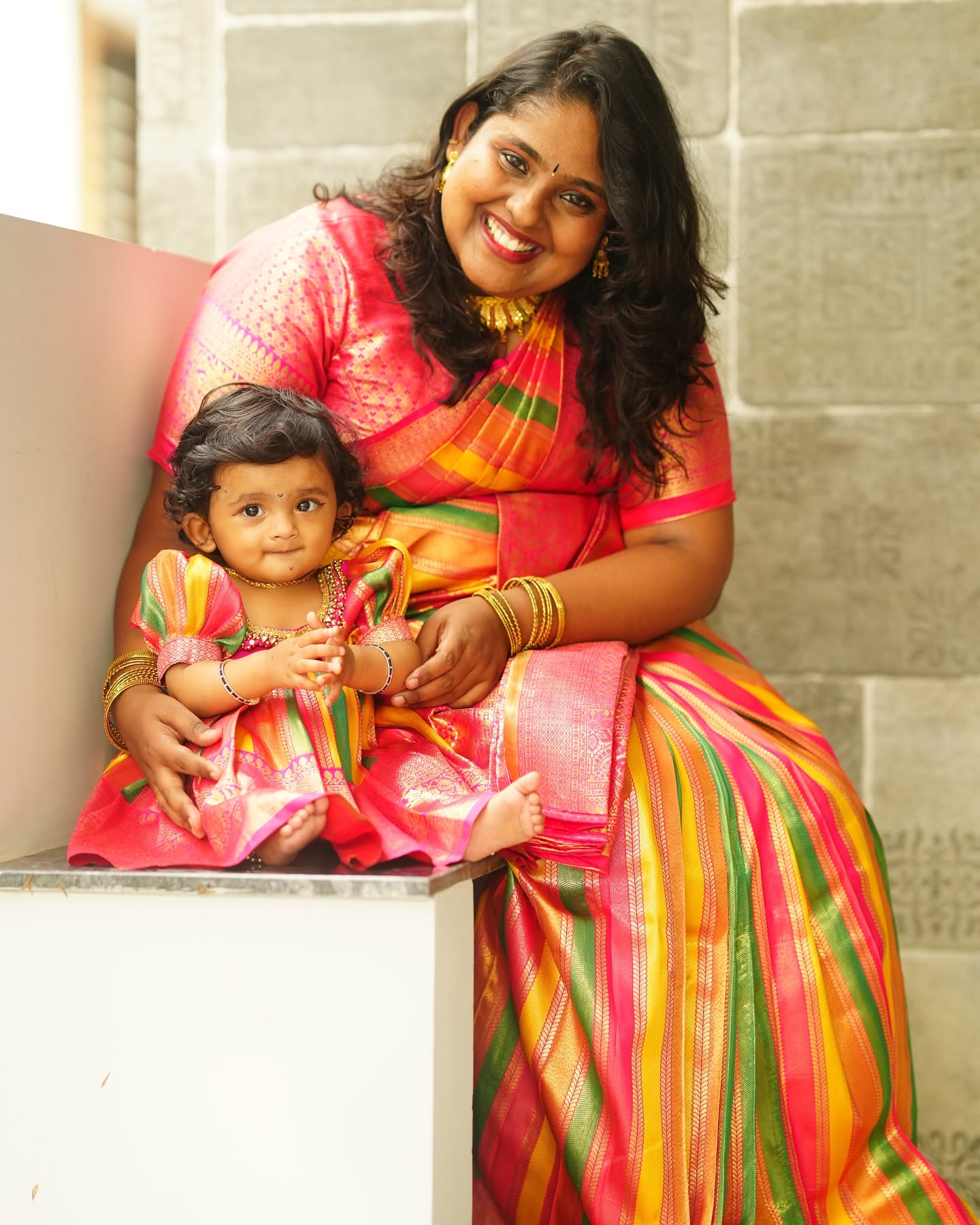 Multi-Color Premium Semi Kanchipattu Mom Saree and Baby Dress Combo