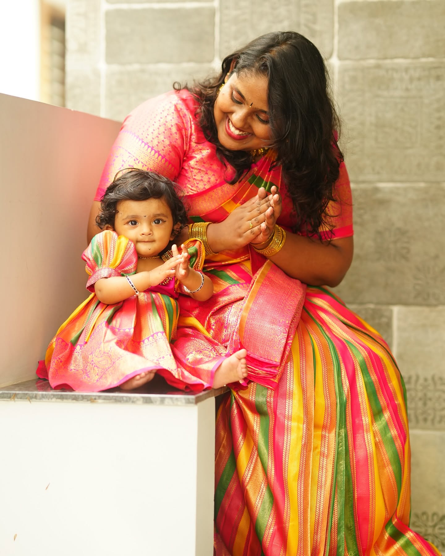 Multi-Color Premium Semi Kanchipattu Mom Saree and Baby Dress Combo