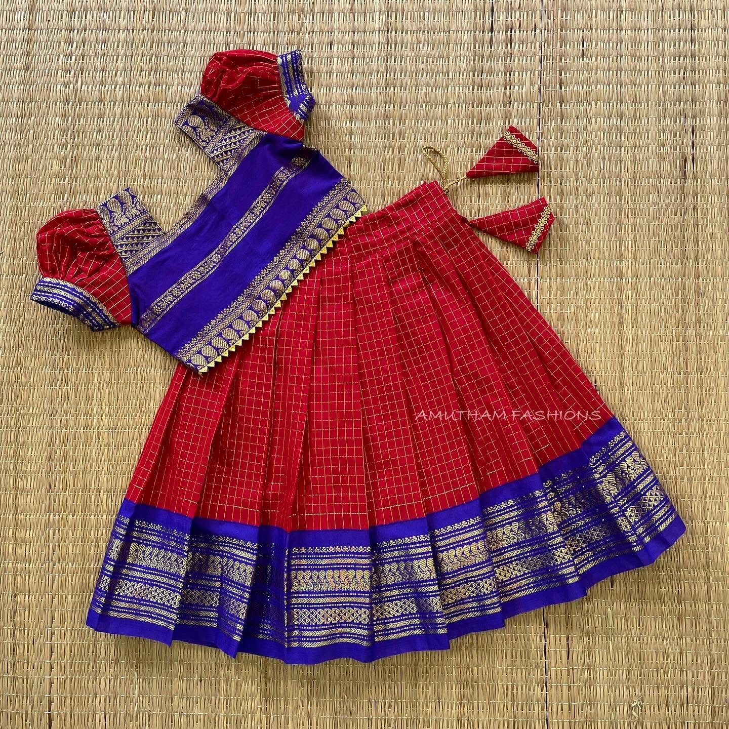 Red and Bluish Voilet Silk Paavadai Sattai