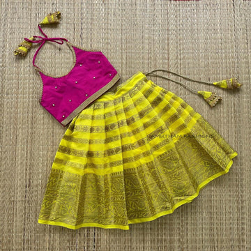 Yellow Banarasi Skirt and Pink Top