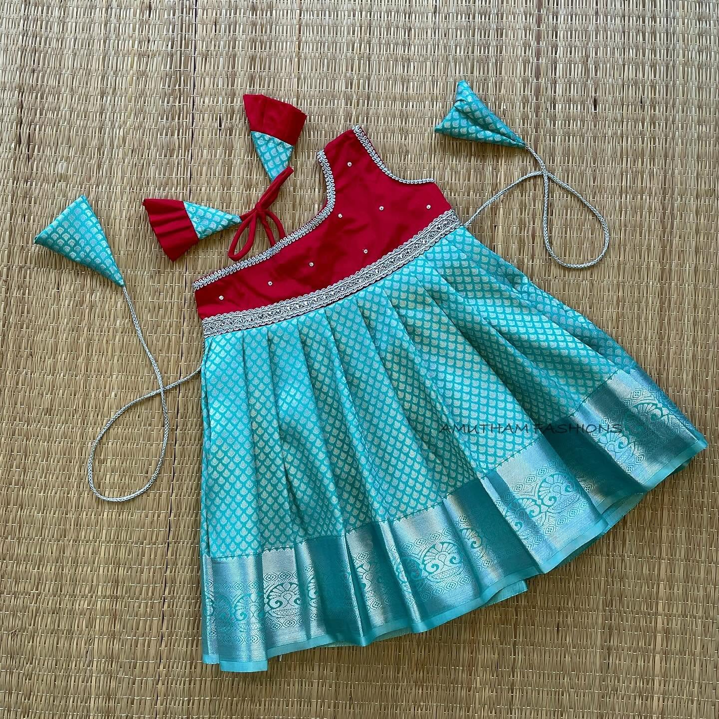 Pastel Green and Red Silk Frock