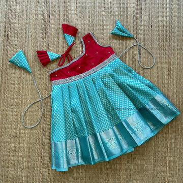 Pastel Green and Red Silk Frock