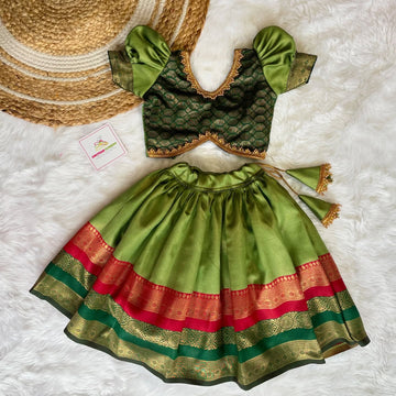 Green and Dark Green Banarasi Skirt and Top