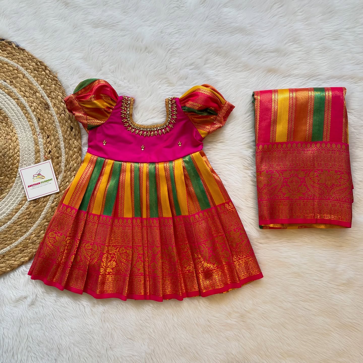 Multi-Color Premium Semi Kanchipattu Mom Saree and Baby Dress Combo