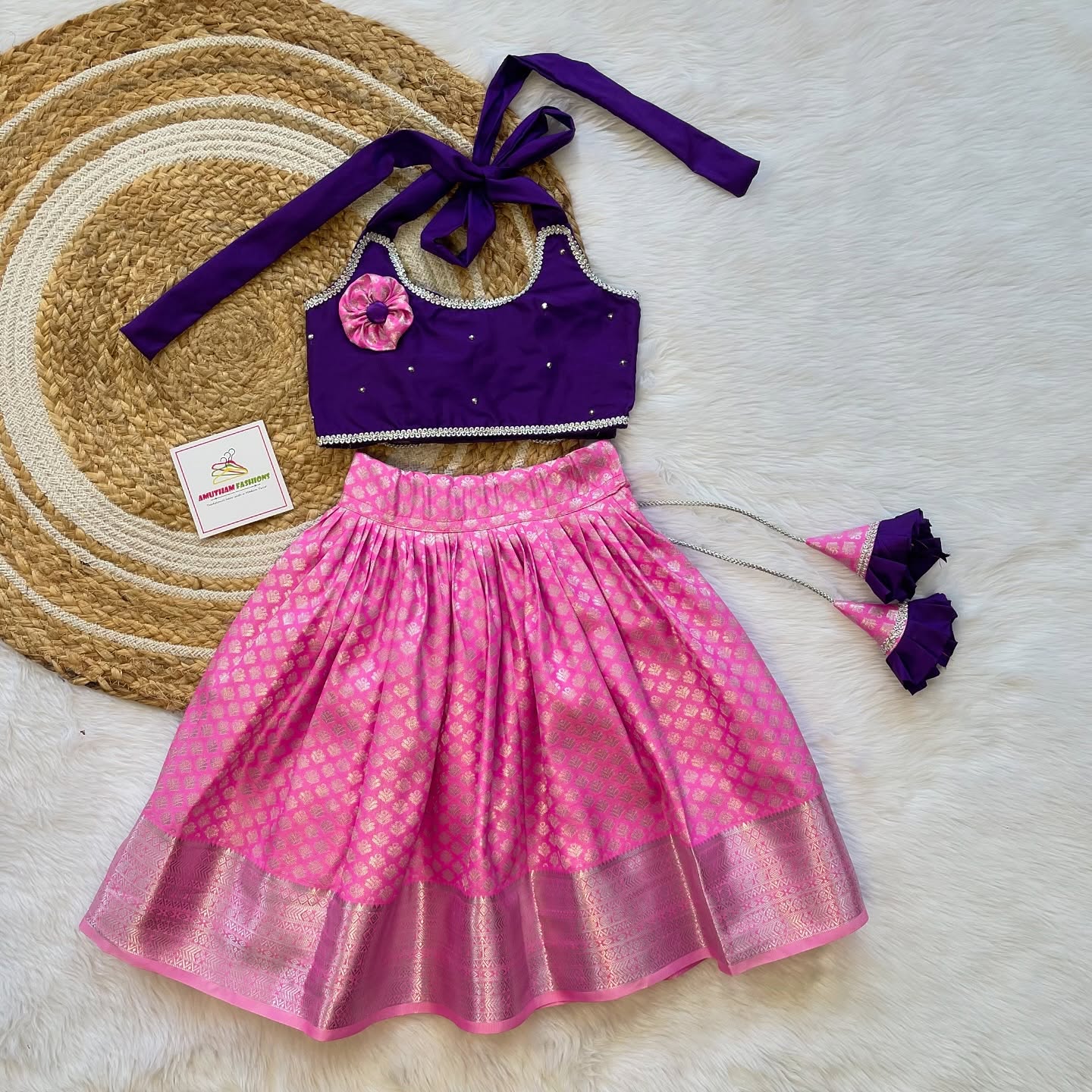 Pink Kanchipattu Skirt and Voilet Top