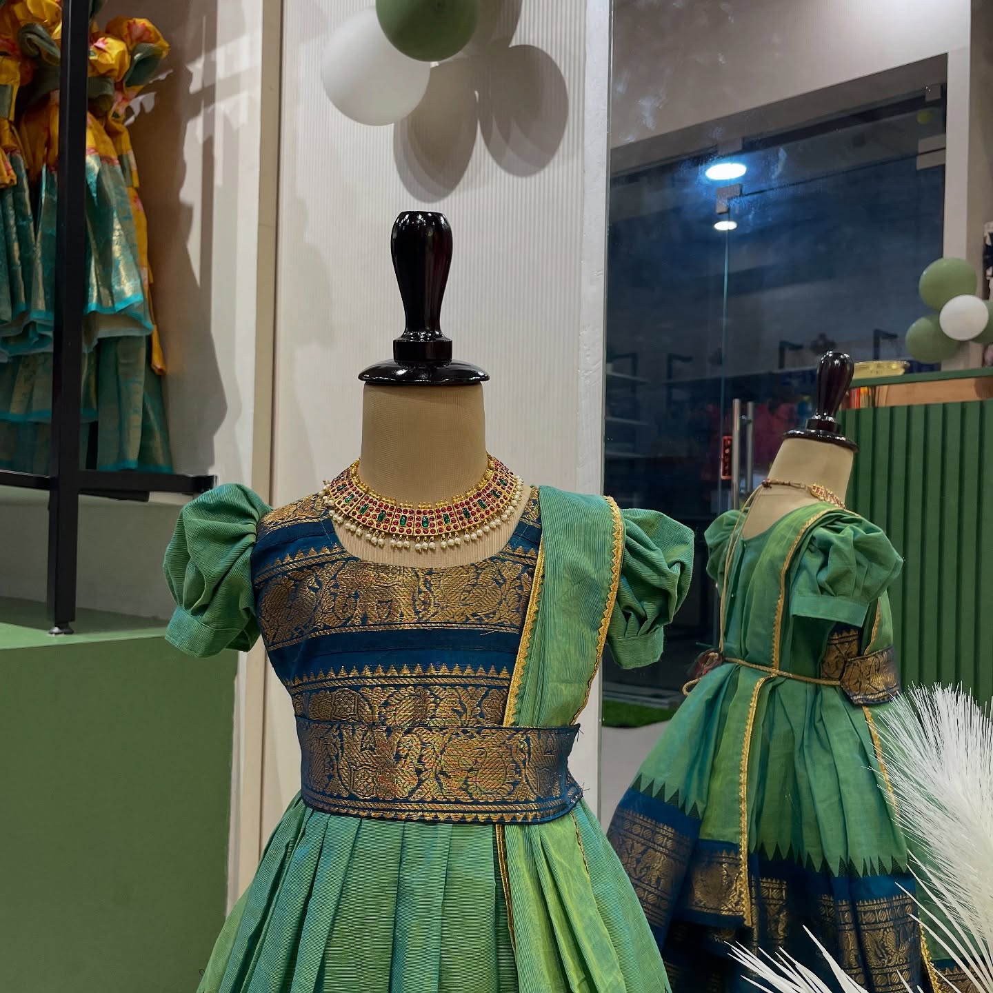 Handloom Kanchi Cotton Frock with Detached Duppatta & Hipbelt – Ramar Green with Dark Blue Border