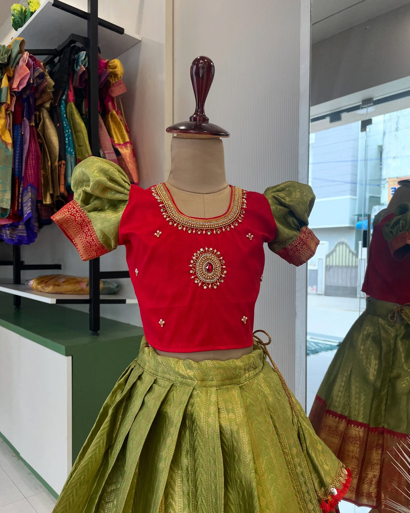 Olive Green and Red Grand Aariwork Premium Semi Kanchipattu Paavadai and Sattai