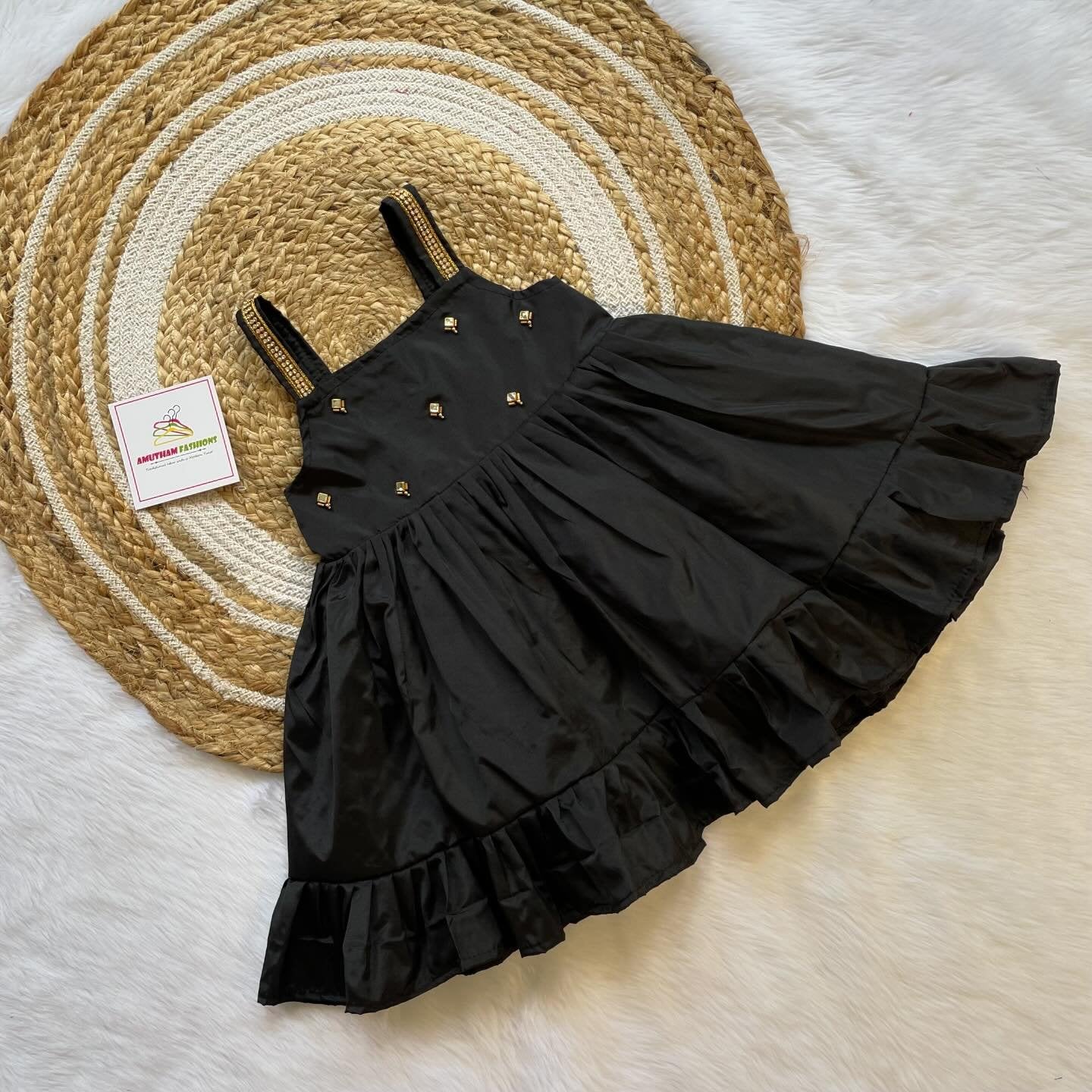 Black Silk Frock with Strap Sleeves - Midi Length