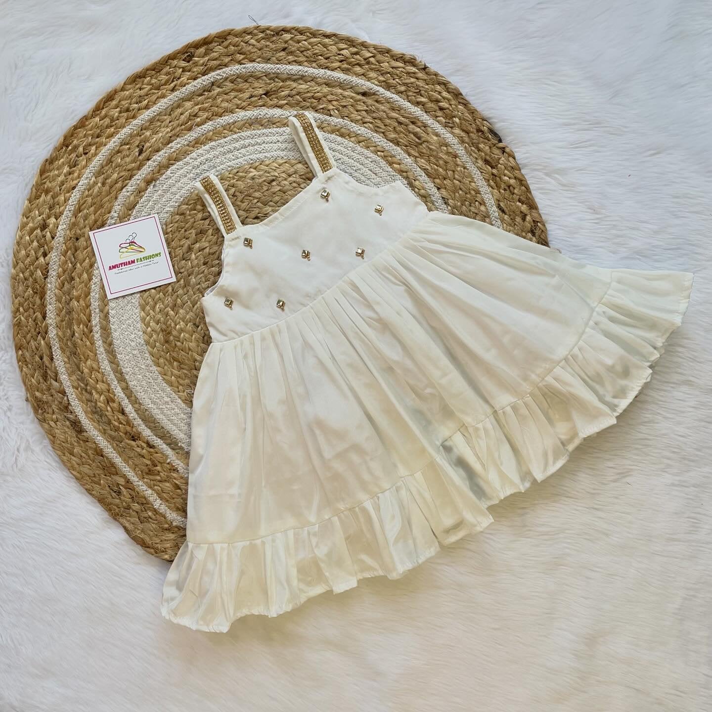 White Silk Frock with Strap Sleeves - Midi Length