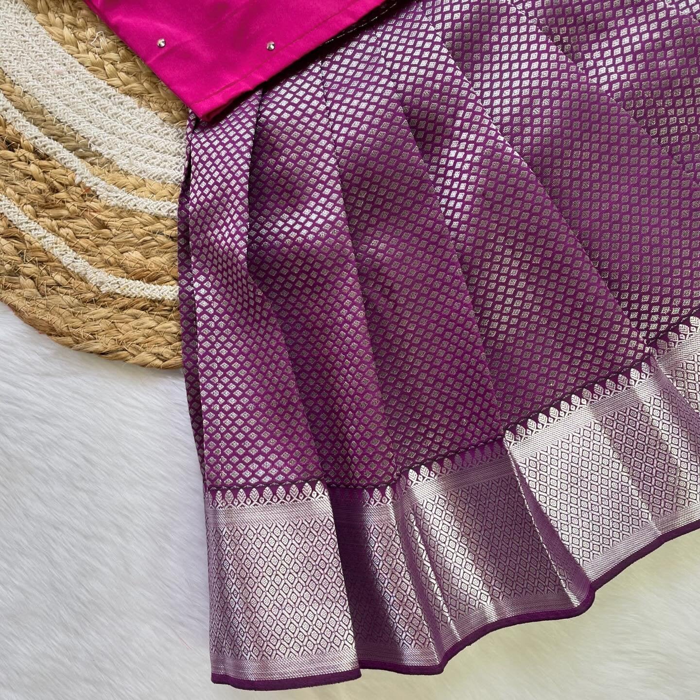 Pink Top and Dark Purple Semi Silk Paavadai Sattai