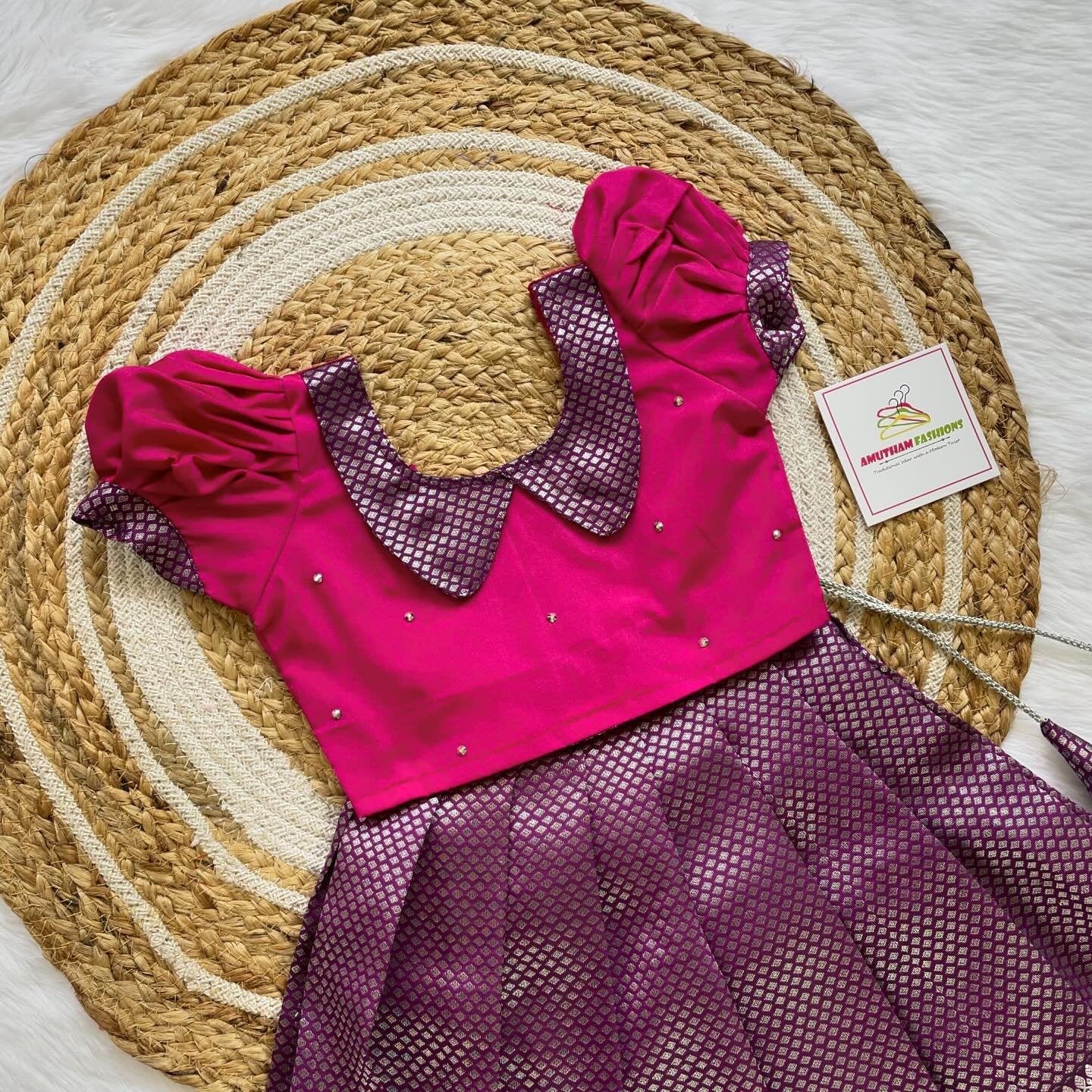 Pink Top and Dark Purple Semi Silk Paavadai Sattai