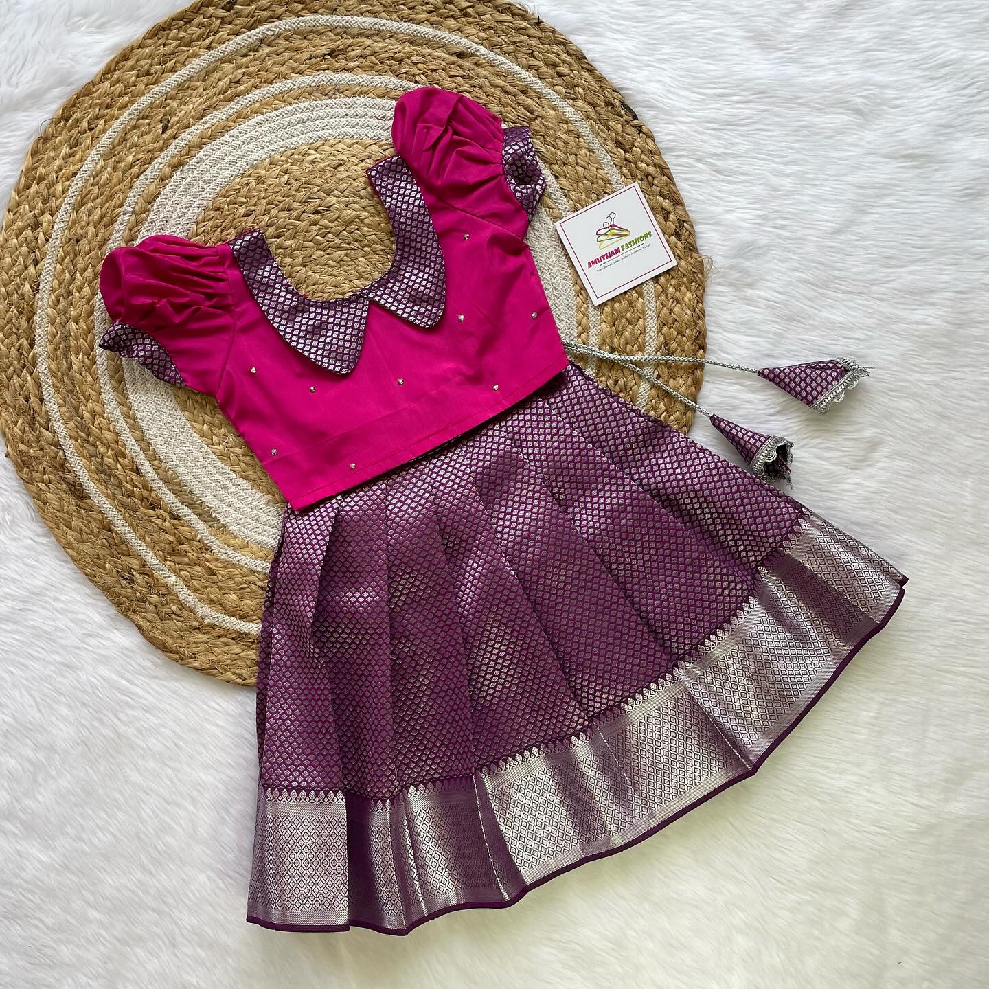 Pink Top and Dark Purple Semi Silk Paavadai Sattai