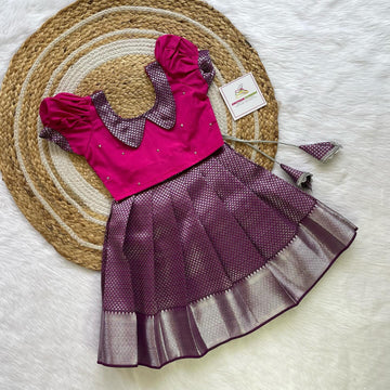 Pink Top and Dark Purple Semi Silk Paavadai Sattai
