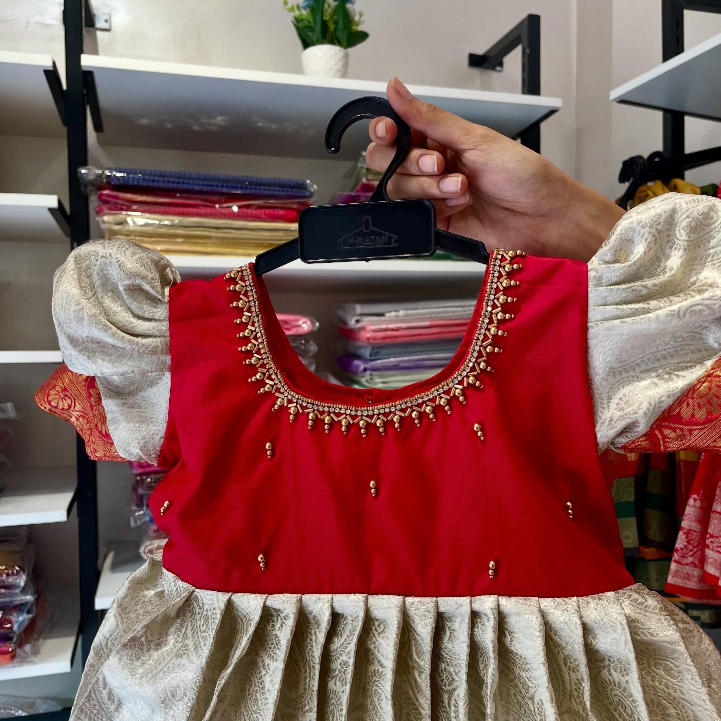 White and Red - Traditional Premium Semi Kanchipattu Frock