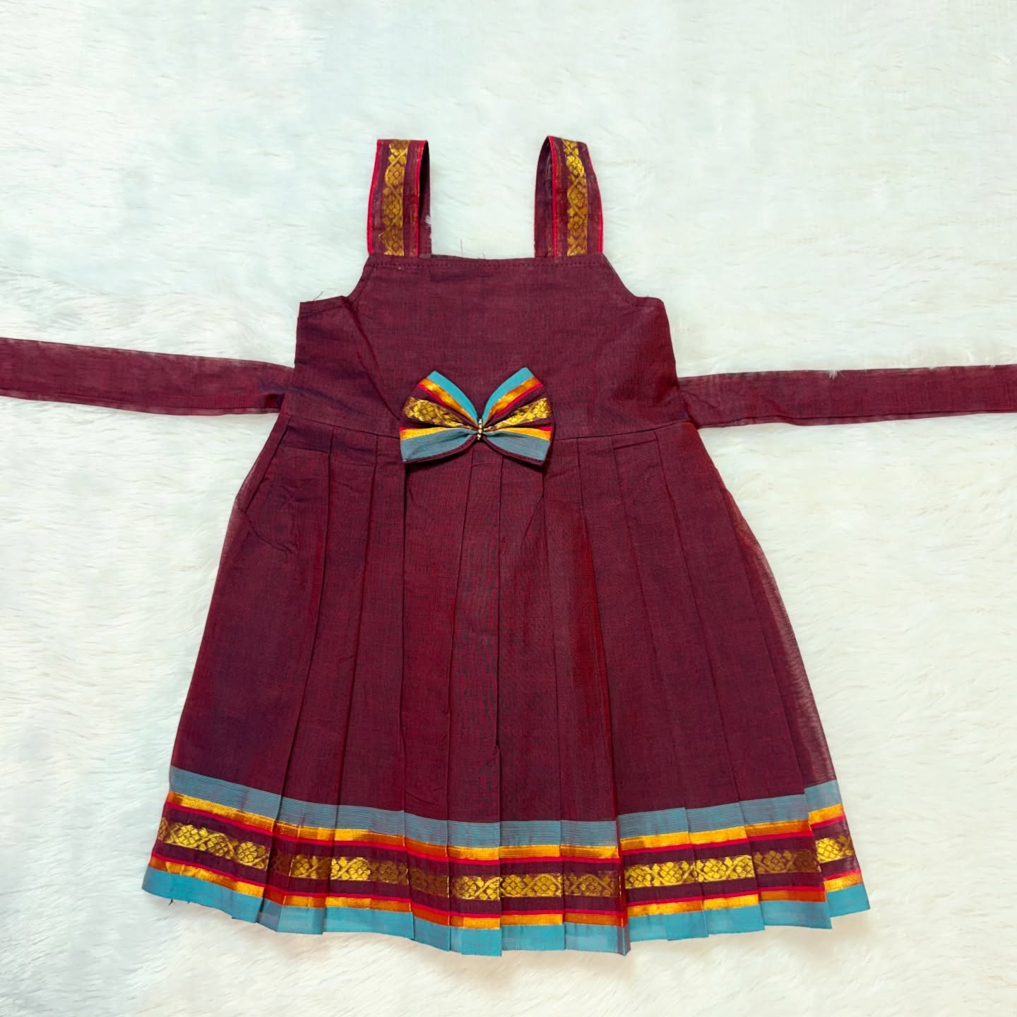 Maroon with Light Blue - Traditional Kanchi Cotton Kids Ethnic Midi Length Frock