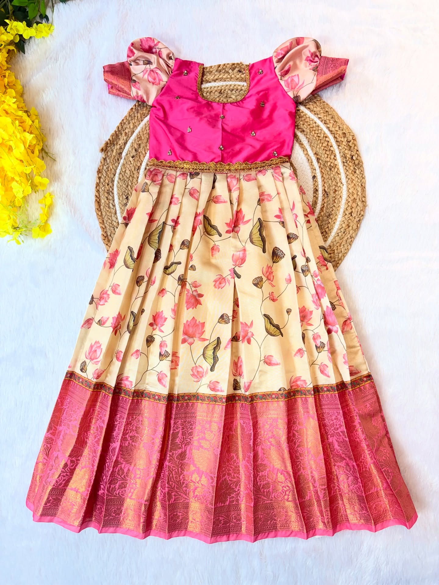 Celebrate this festive season with the timeless beauty of our Pichwai Silk Frock