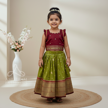 Olive Green and Maroon – Festive Paithani Silk Paavadai and Sattai (Ready to Dispatch)