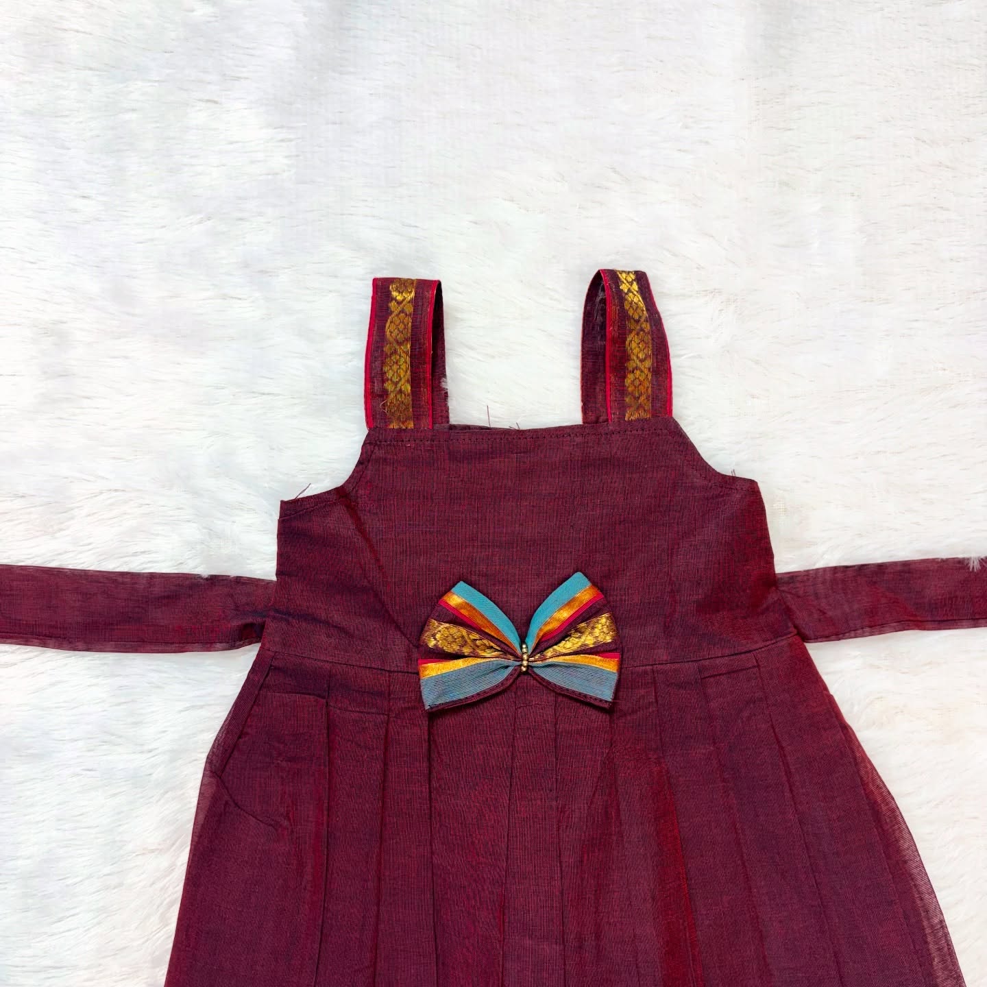 Maroon with Light Blue - Traditional Kanchi Cotton Kids Ethnic Midi Length Frock