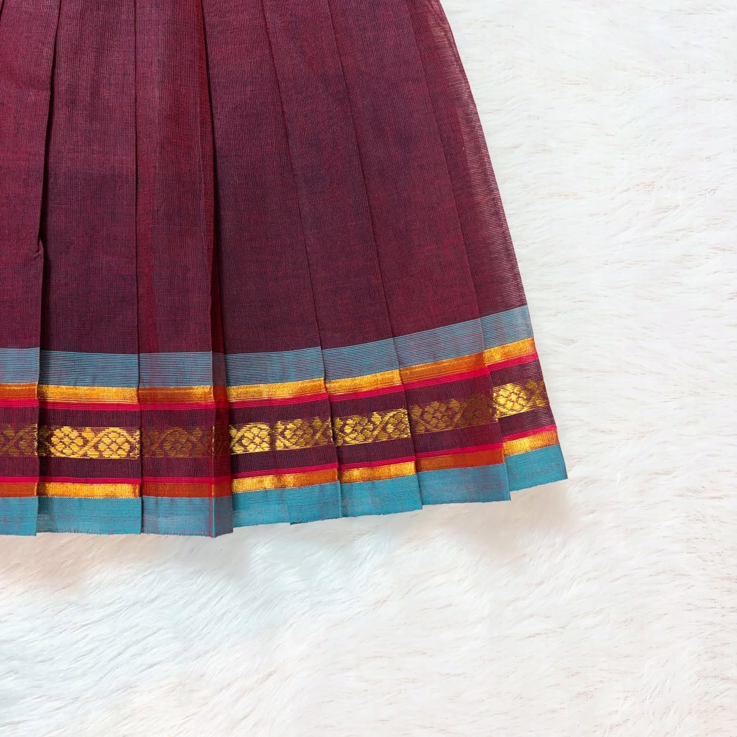 Maroon with Light Blue - Traditional Kanchi Cotton Kids Ethnic Midi Length Frock