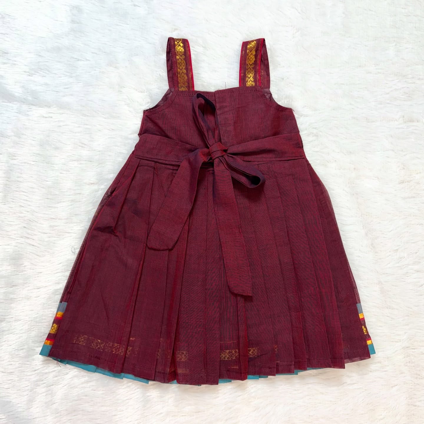Maroon with Light Blue - Traditional Kanchi Cotton Kids Ethnic Midi Length Frock