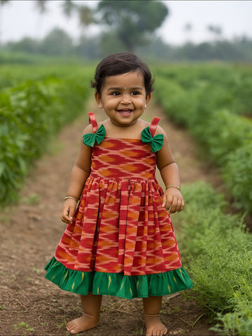 Red and Green Ikkat Cotton Frock