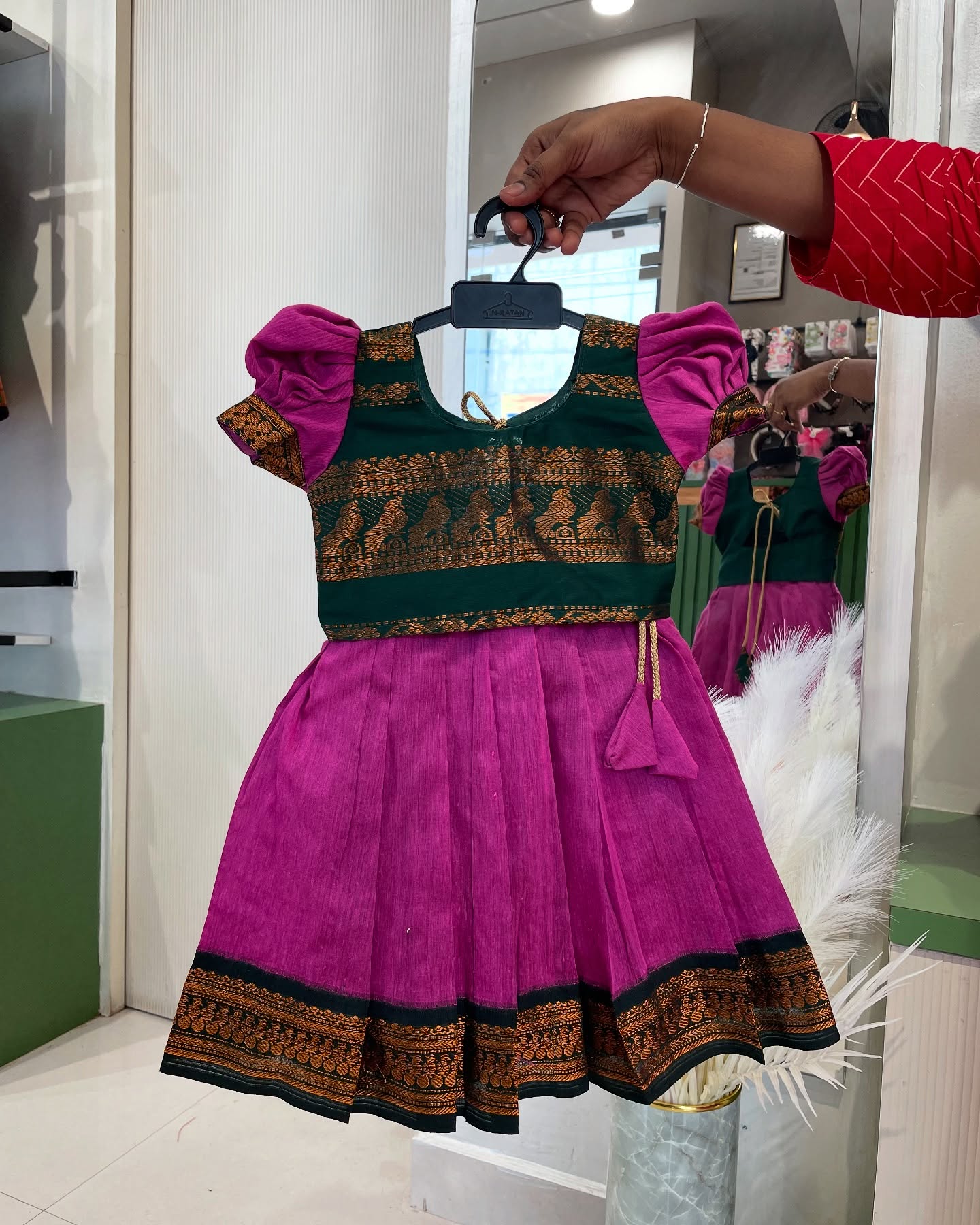 Onion Pink and Dark Green Kalyani Silk Skirt and Top