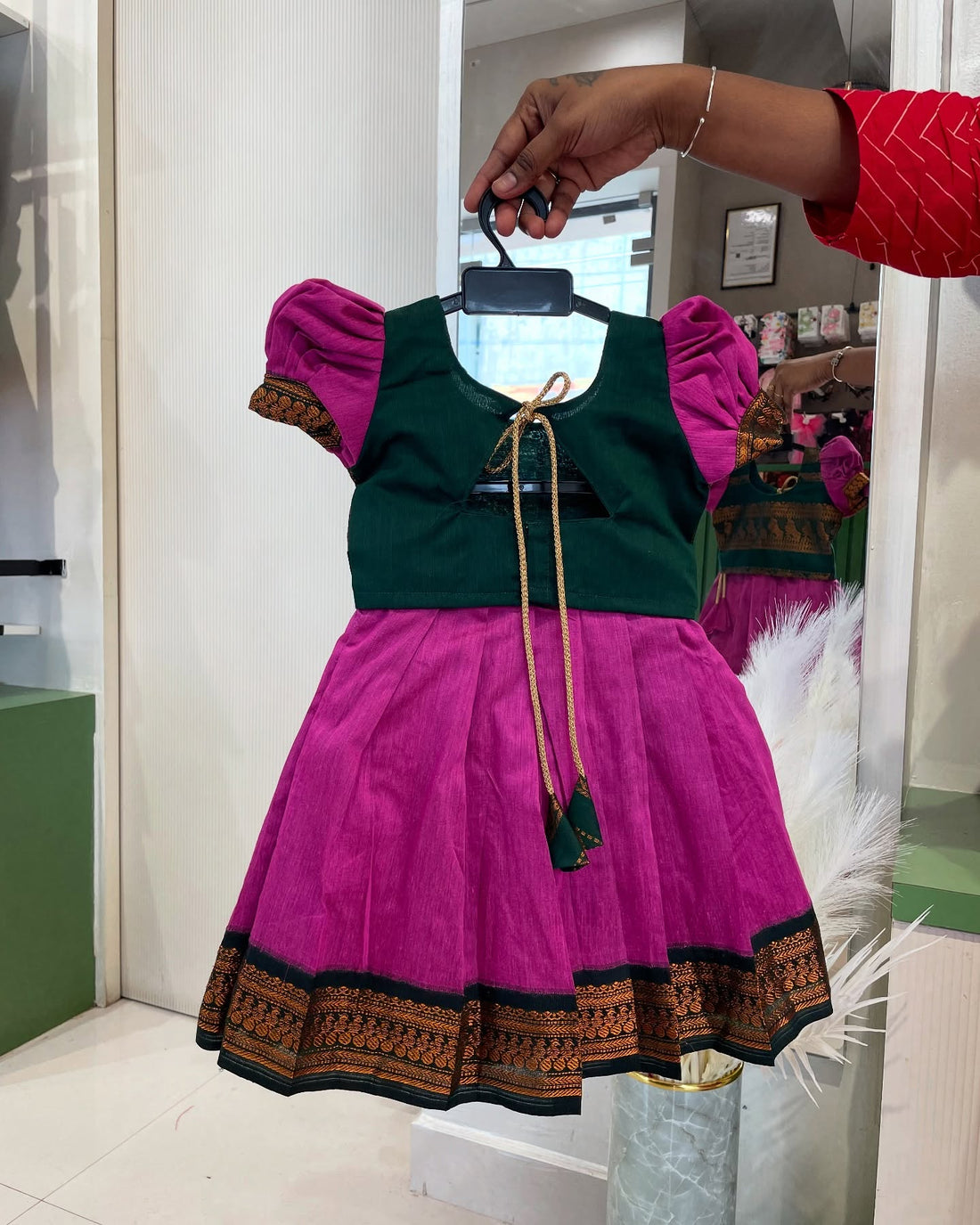 Onion Pink and Dark Green Kalyani Silk Skirt and Top