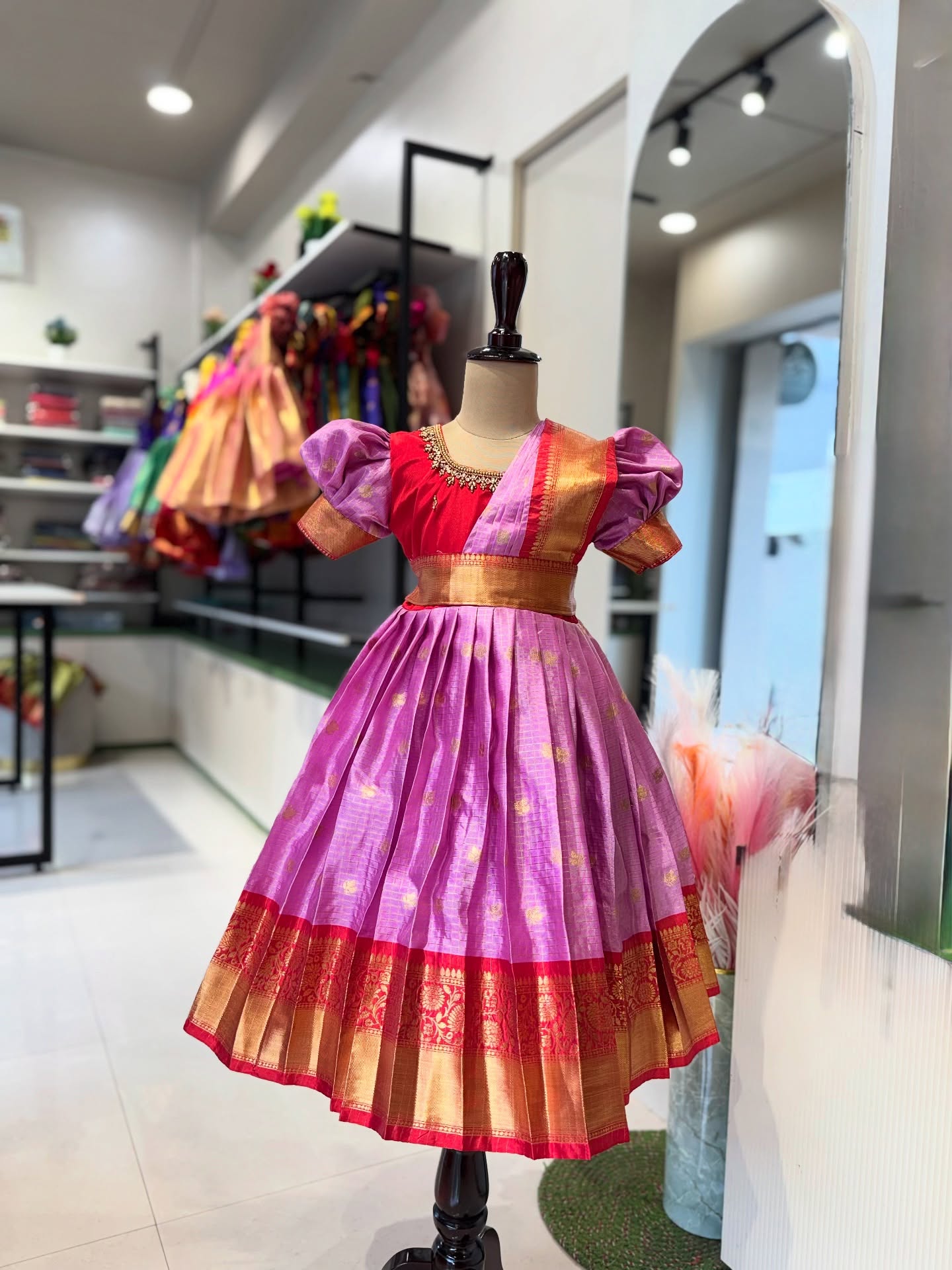 Saree Model Frock in Zari Checked pattern Banarasi Semi Silk – Lavender & Red | Matching Saree