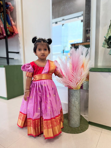 Saree Model Frock in Zari Checked pattern Banarasi Semi Silk – Lavender & Red Combo