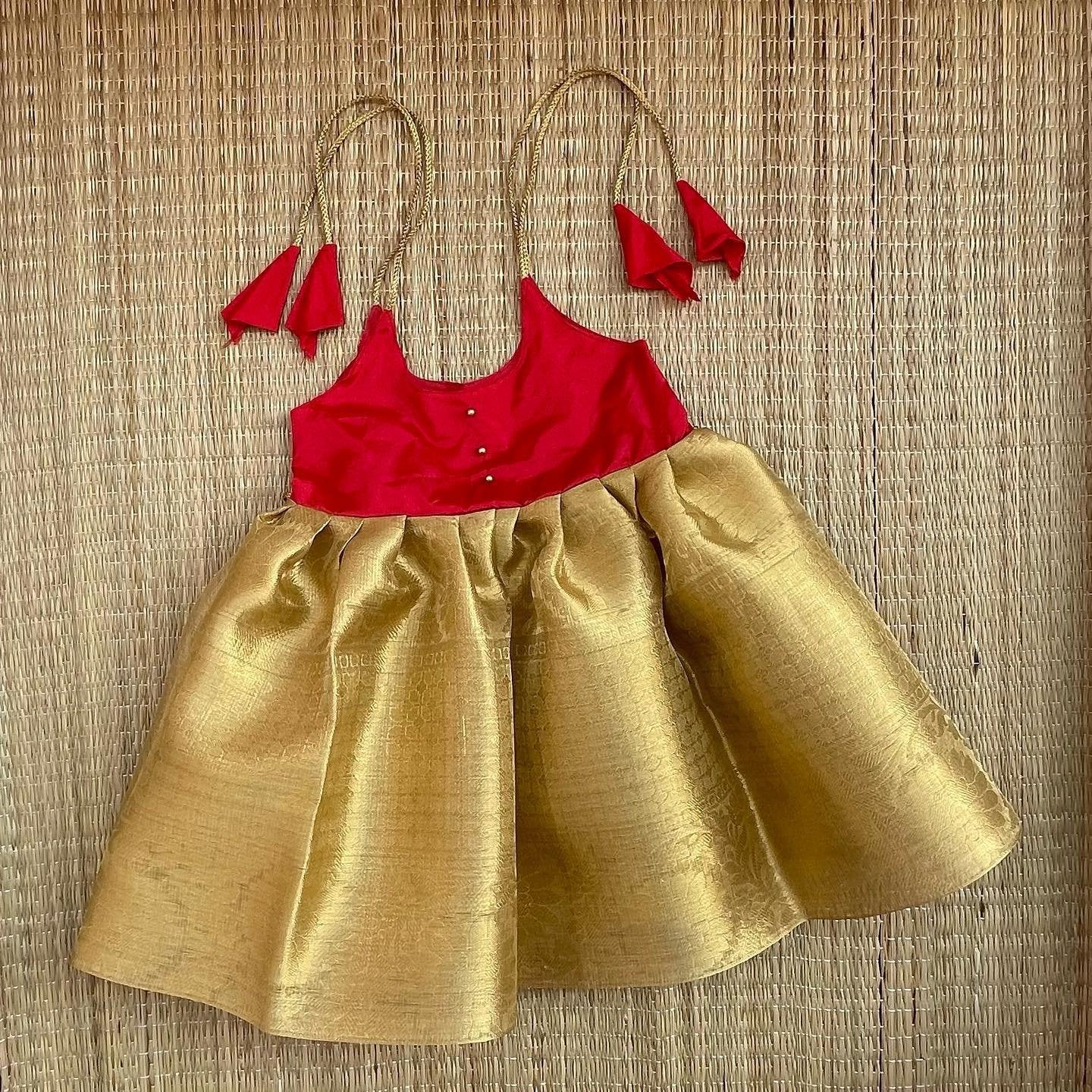 Red & Gold Tissue Silk Knot Type Frock