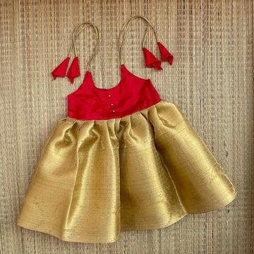 Red & Gold Tissue Silk Knot Type Frock